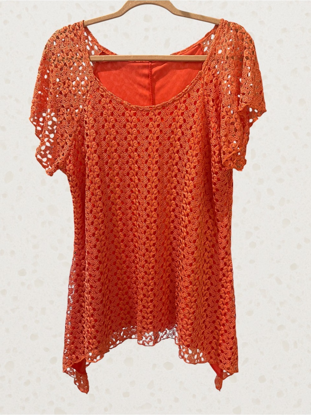 Beautiful Orange Coral Crochet Tunic Top with Short Sleeves